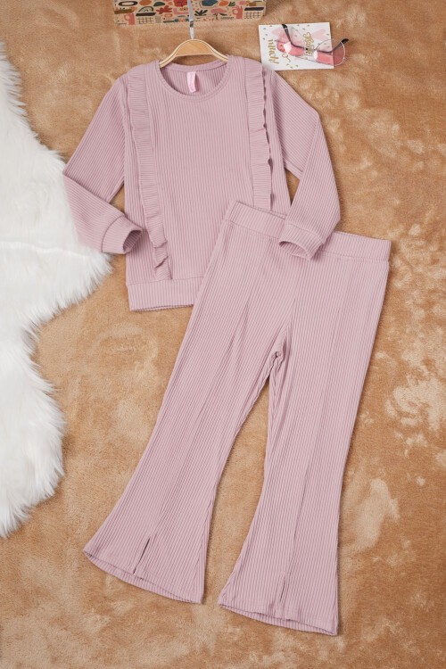 Gül Kurusu Yırtmaçlı Önü Fırfırlı Kız Çocuk Takım 17184