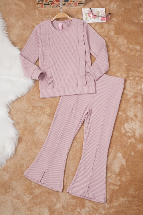 Gül Kurusu Yırtmaçlı Önü Fırfırlı Kız Çocuk Takım 17184