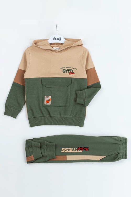 Haki Göğüs Cepli Kapşonlu Erkek Çocuk Eşofman Takımı 16618