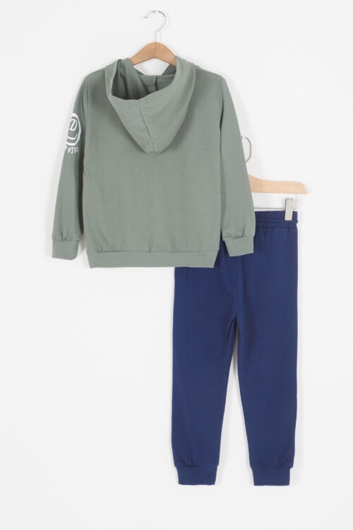 Haki Good Vibes Yazılı Kapüşonlu Erkek Çocuk Eşofman Takımı 16793