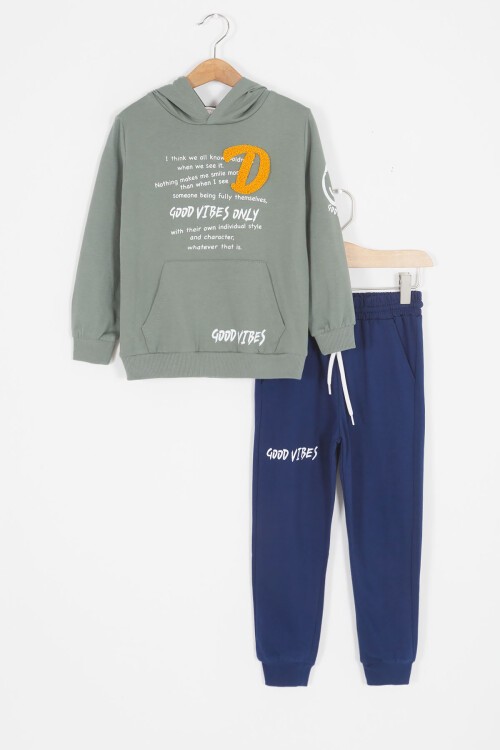 Haki Good Vibes Yazılı Kapüşonlu Erkek Çocuk Eşofman Takımı 16793