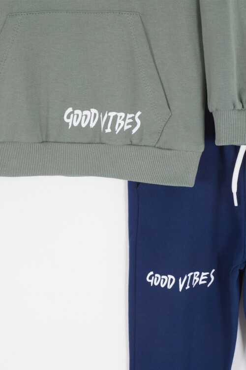 Haki Good Vibes Yazılı Kapüşonlu Erkek Çocuk Eşofman Takımı 16793