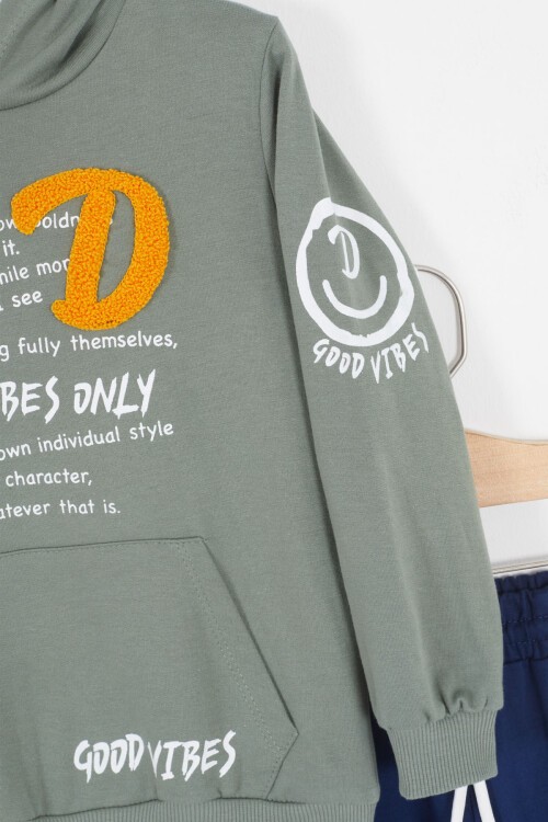 Haki Good Vibes Yazılı Kapüşonlu Erkek Çocuk Eşofman Takımı 16793