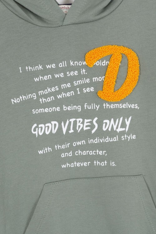 Haki Good Vibes Yazılı Kapüşonlu Erkek Çocuk Eşofman Takımı 16793