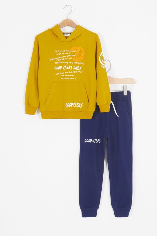 Hardal Good Vibes Yazılı Kapüşonlu Erkek Çocuk Eşofman Takımı 16790