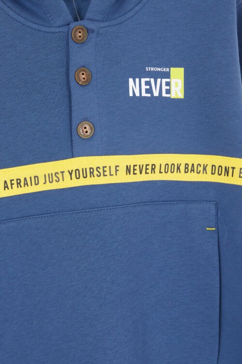 İndigo Şerit Yazılı Kapüşonlu Erkek Çocuk Şardonlu Eşofman Takımı 16976