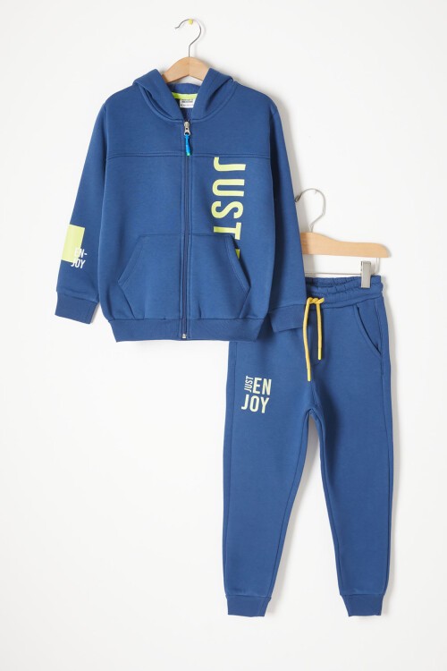 İndigo Yazı Baskılı Kapşonlu Hırkalı Erkek Çocuk Eşofman Takımı 16748