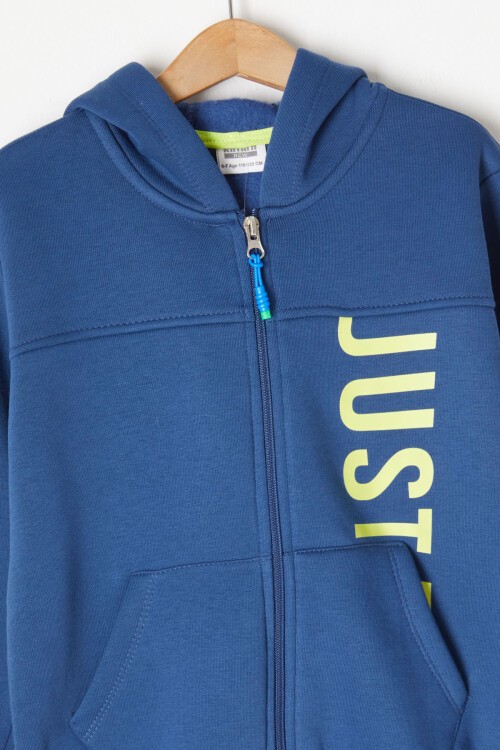 İndigo Yazı Baskılı Kapşonlu Hırkalı Erkek Çocuk Eşofman Takımı 16748