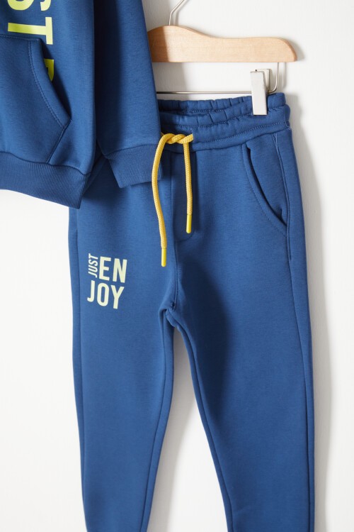 İndigo Yazı Baskılı Kapşonlu Hırkalı Erkek Çocuk Eşofman Takımı 16748