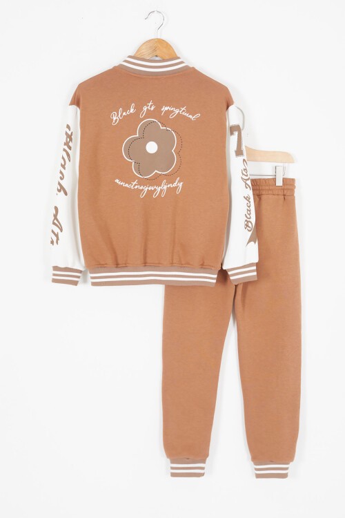 Kahve Kolları Yazı Baskılı Şardonlu Kız Çocuk Kolej Eşofman Takımı 17125