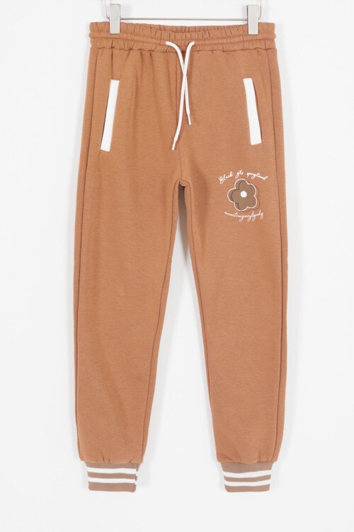 Kahve Kolları Yazı Baskılı Şardonlu Kız Çocuk Kolej Eşofman Takımı 17125