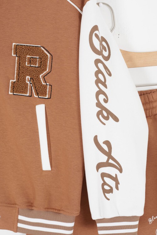 Kahve Kolları Yazı Baskılı Şardonlu Kız Çocuk Kolej Eşofman Takımı 17125