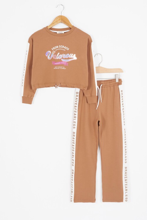 Kahve Şerit Yazılı Payetli Kız Çocuk Eşofman Takımı 17130
