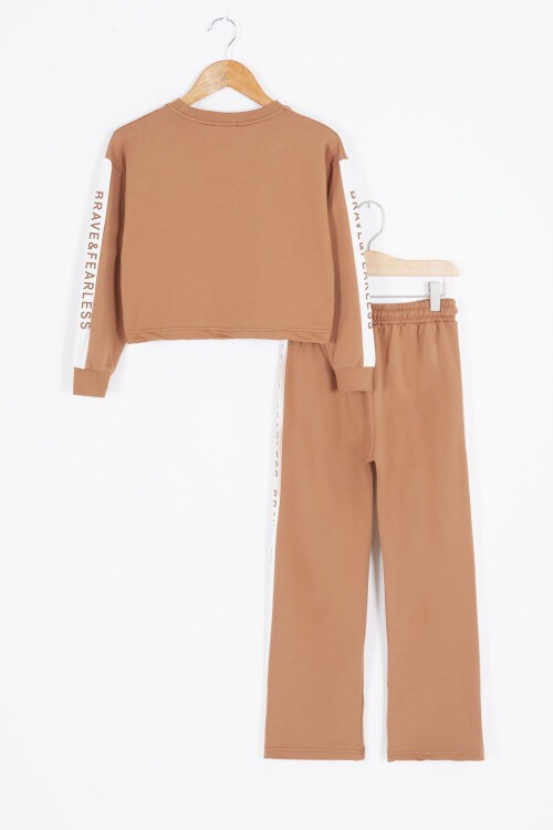 Kahve Şerit Yazılı Payetli Kız Çocuk Eşofman Takımı 17130