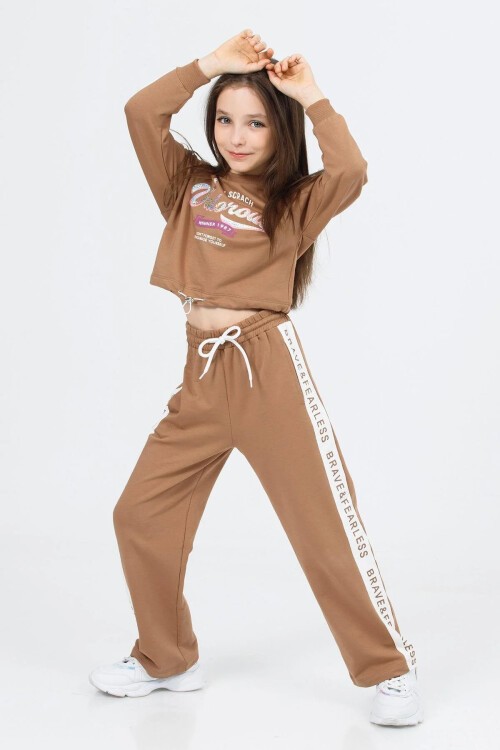 Kahve Şerit Yazılı Payetli Kız Çocuk Eşofman Takımı 17130