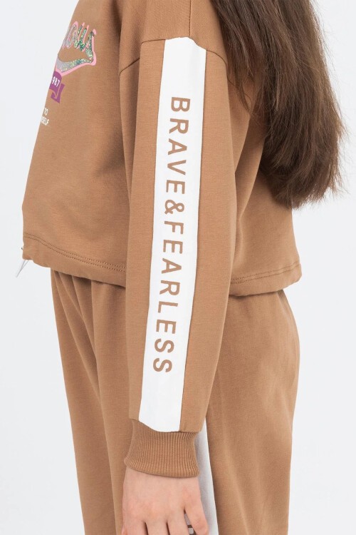 Kahve Şerit Yazılı Payetli Kız Çocuk Eşofman Takımı 17130