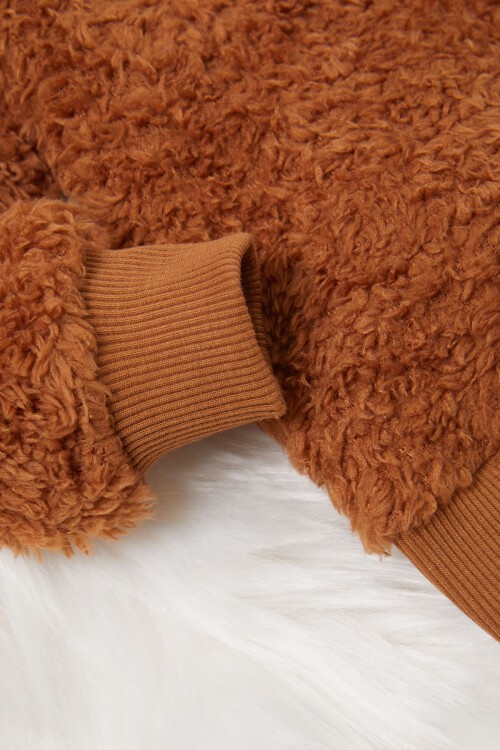 Kahverengi Ayıcık Nakışlı Erkek Bebek Peluş Eşofman Takımı 17159