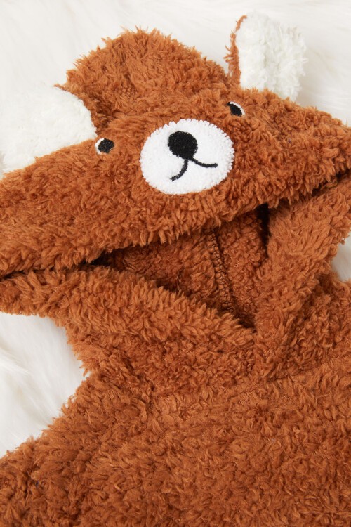 Kahverengi Ayıcık Nakışlı Erkek Bebek Peluş Eşofman Takımı 17159