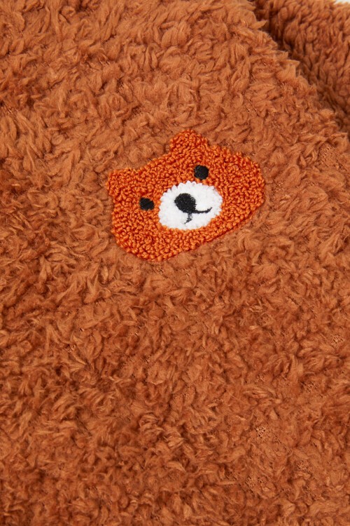 Kahverengi Ayıcık Nakışlı Erkek Bebek Peluş Eşofman Takımı 17159