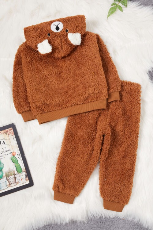 Kahverengi Ayıcık Nakışlı Erkek Bebek Peluş Eşofman Takımı 17159