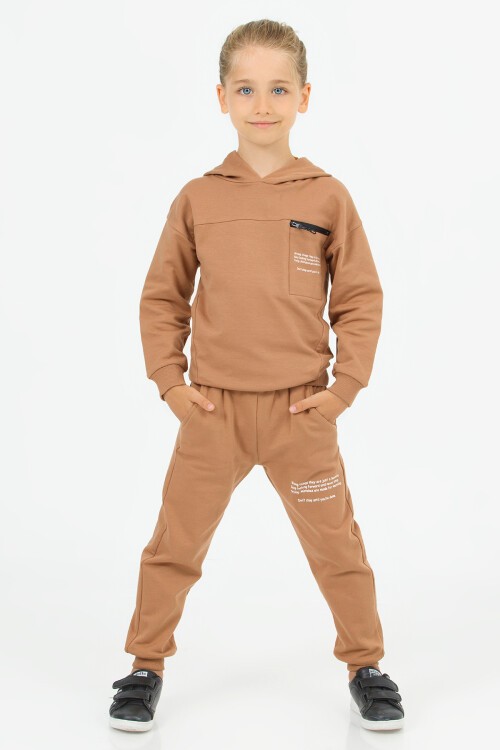 Kahverengi Göğüs Fermuarlı Polarlı Erkek Çocuk Takımı 16638