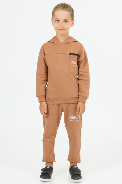 Kahverengi Göğüs Fermuarlı Polarlı Erkek Çocuk Takımı 16638
