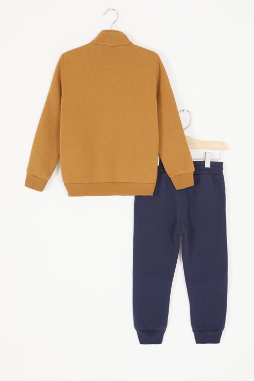 Kahverengi Just Baskılı Fermuarlı Yaka Erkek Çocuk Şardonlu Eşofman Takımı 16965