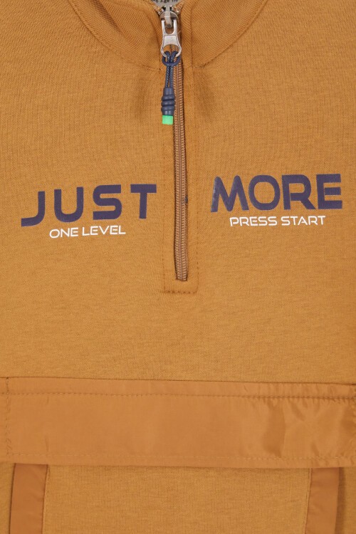 Kahverengi Just Baskılı Fermuarlı Yaka Erkek Çocuk Şardonlu Eşofman Takımı 16965