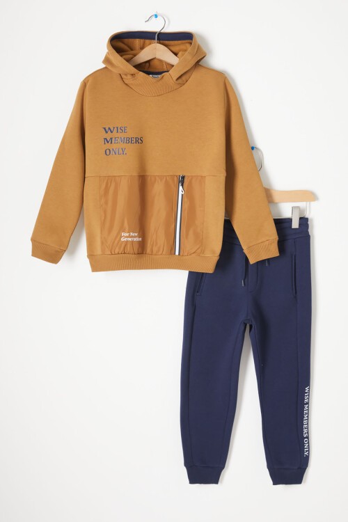 Kahverengi Kanguru Cepli Polarlı Erkek Çocuk Kapşonlu Eşofman Takımı 16729
