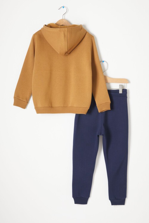 Kahverengi Kanguru Cepli Polarlı Erkek Çocuk Kapşonlu Eşofman Takımı 16729