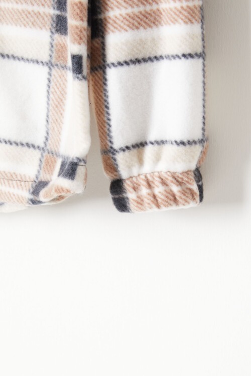 Kahverengi Kare Desenli Kapüşonlu Çocuk Polar Hırka 16757