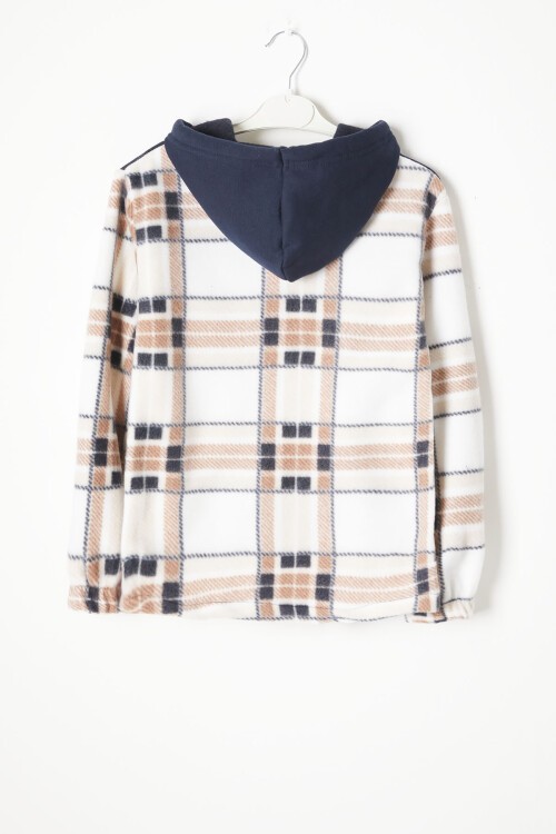 Kahverengi Kare Desenli Kapüşonlu Çocuk Polar Hırka 16757