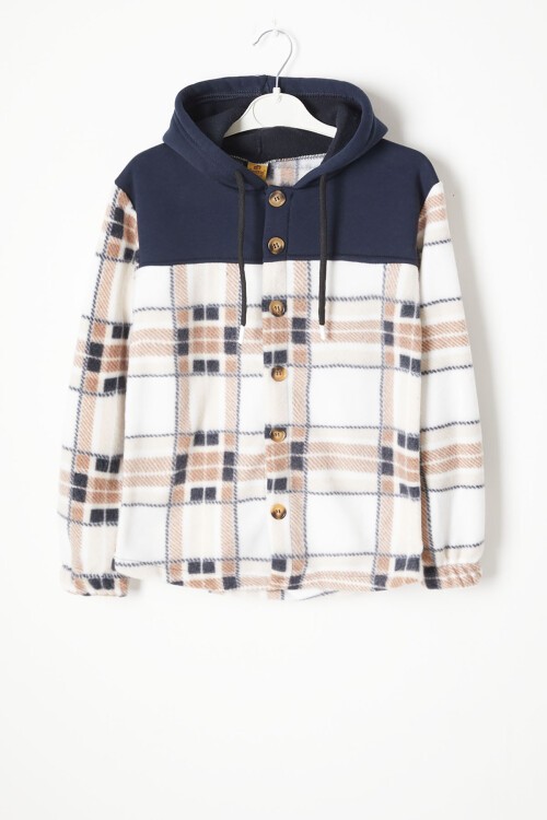 Kahverengi Kare Desenli Kapüşonlu Çocuk Polar Hırka 16757