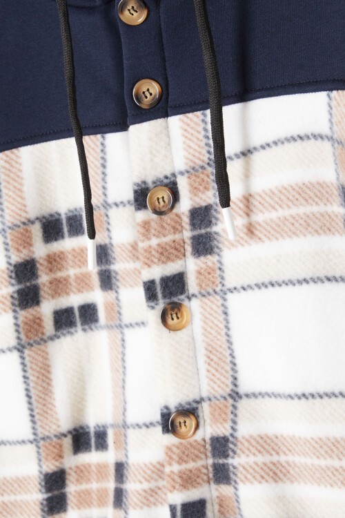 Kahverengi Kare Desenli Kapüşonlu Çocuk Polar Hırka 16757