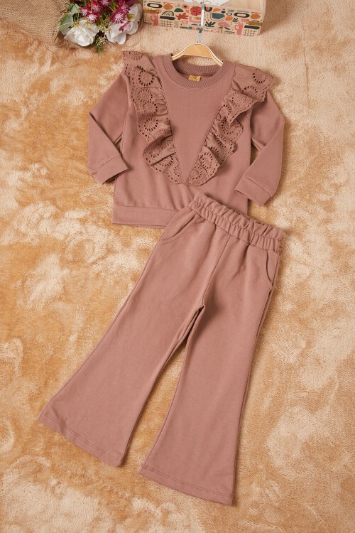 Kahverengi Önü Güpürlü İspanyol Paça Kız Çocuk Takım 16533