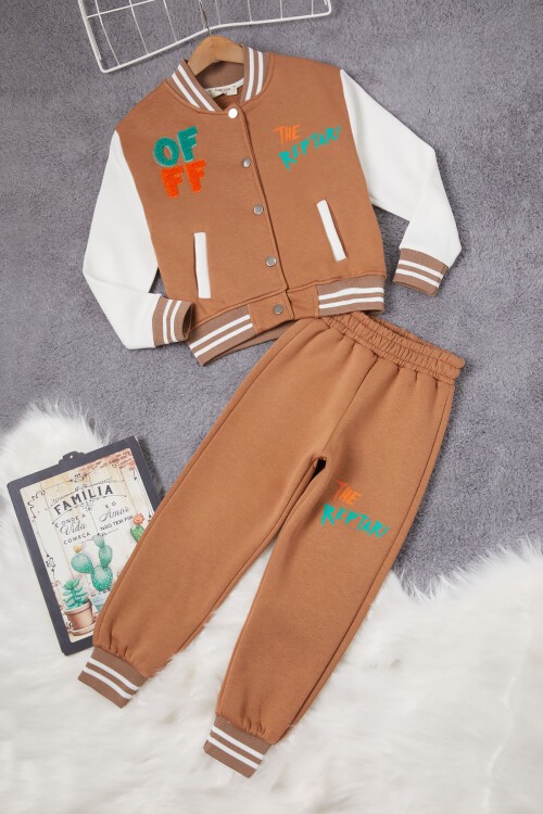 Kahverengi Sırtı Baskılı Şardonlu Erkek Çocuk Kolej Eşofman Takımı 17096