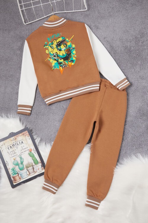 Kahverengi Sırtı Baskılı Şardonlu Erkek Çocuk Kolej Eşofman Takımı 17096