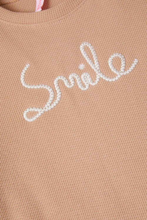 Kahverengi Smile Nakışlı Kız Çocuk Waffle Sweatshirt 16591