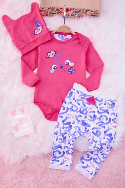Kedi Baskılı Payetli Çıtçıtlı Badili Kız Bebek Takım 17139