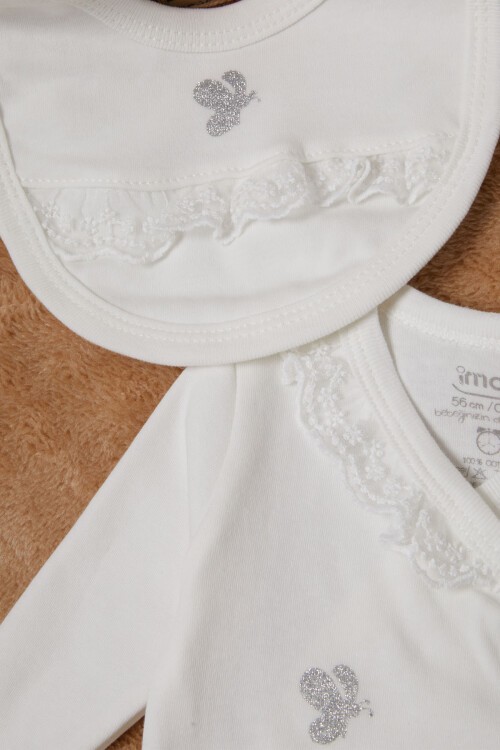 Kelebek Baskılı Ekru Kız Bebek 5li Takım 16658