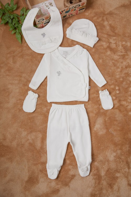 Kelebek Baskılı Ekru Kız Bebek 5li Takım 16658