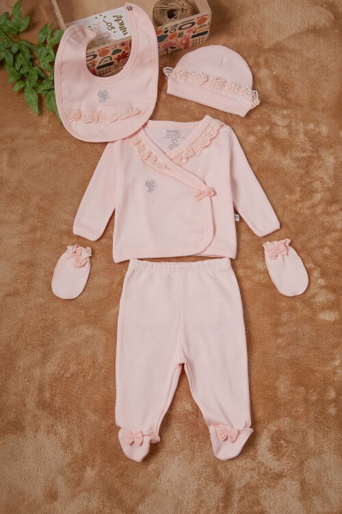 Kelebek Baskılı Pembe Kız Bebek 5li Takım 16659