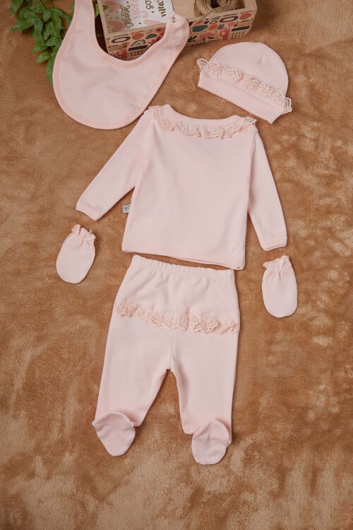 Kelebek Baskılı Pembe Kız Bebek 5li Takım 16659