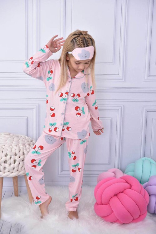 Kiraz Desenli Düğmeli Kız Çocuk Göz Bantlı Pijama Takımı 17026