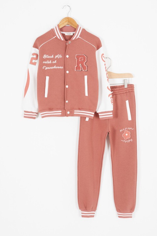 Kiremit Kolları Yazı Baskılı Şardonlu Kız Çocuk Kolej Eşofman Takımı 17128