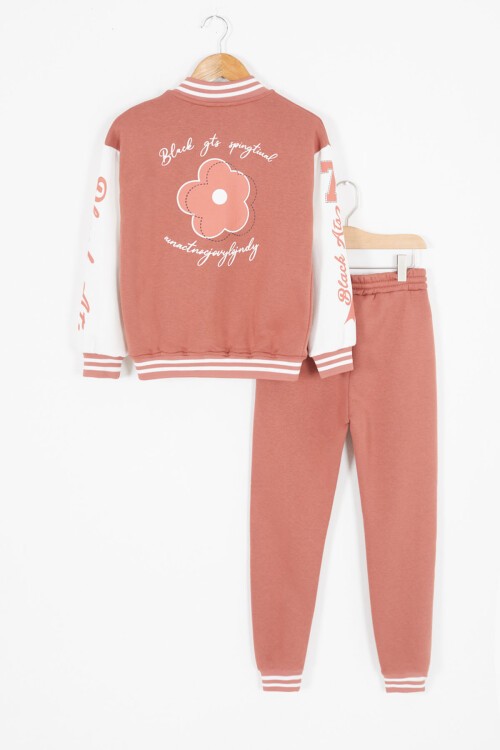 Kiremit Kolları Yazı Baskılı Şardonlu Kız Çocuk Kolej Eşofman Takımı 17128