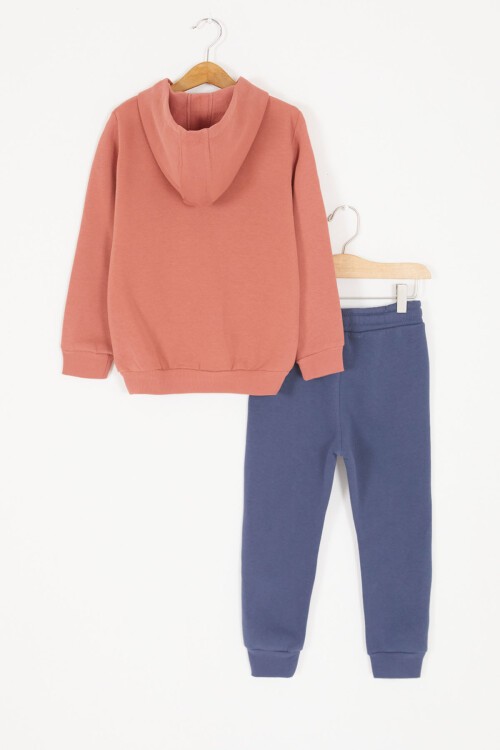 Kiremit Şerit Yazılı Kapüşonlu Erkek Çocuk Şardonlu Eşofman Takımı 16975