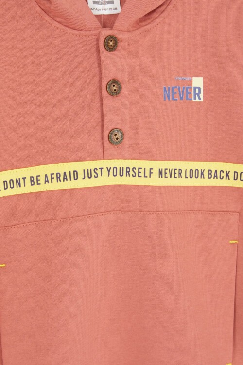 Kiremit Şerit Yazılı Kapüşonlu Erkek Çocuk Şardonlu Eşofman Takımı 16975