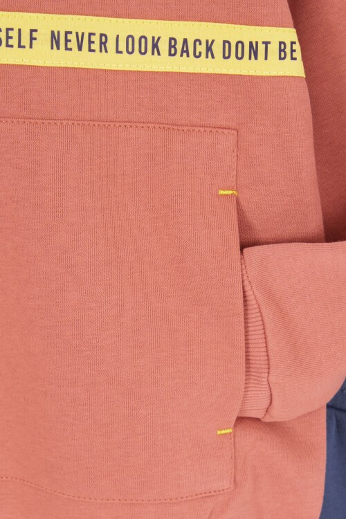 Kiremit Şerit Yazılı Kapüşonlu Erkek Çocuk Şardonlu Eşofman Takımı 16975