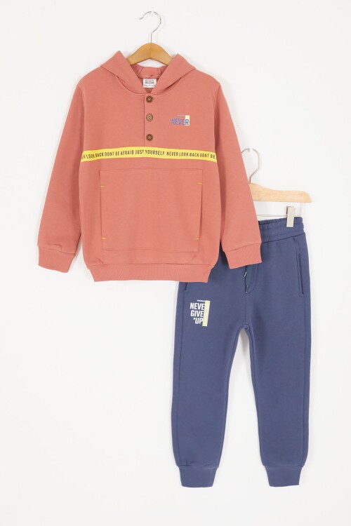 Kiremit Şerit Yazılı Kapüşonlu Erkek Çocuk Şardonlu Eşofman Takımı 16975